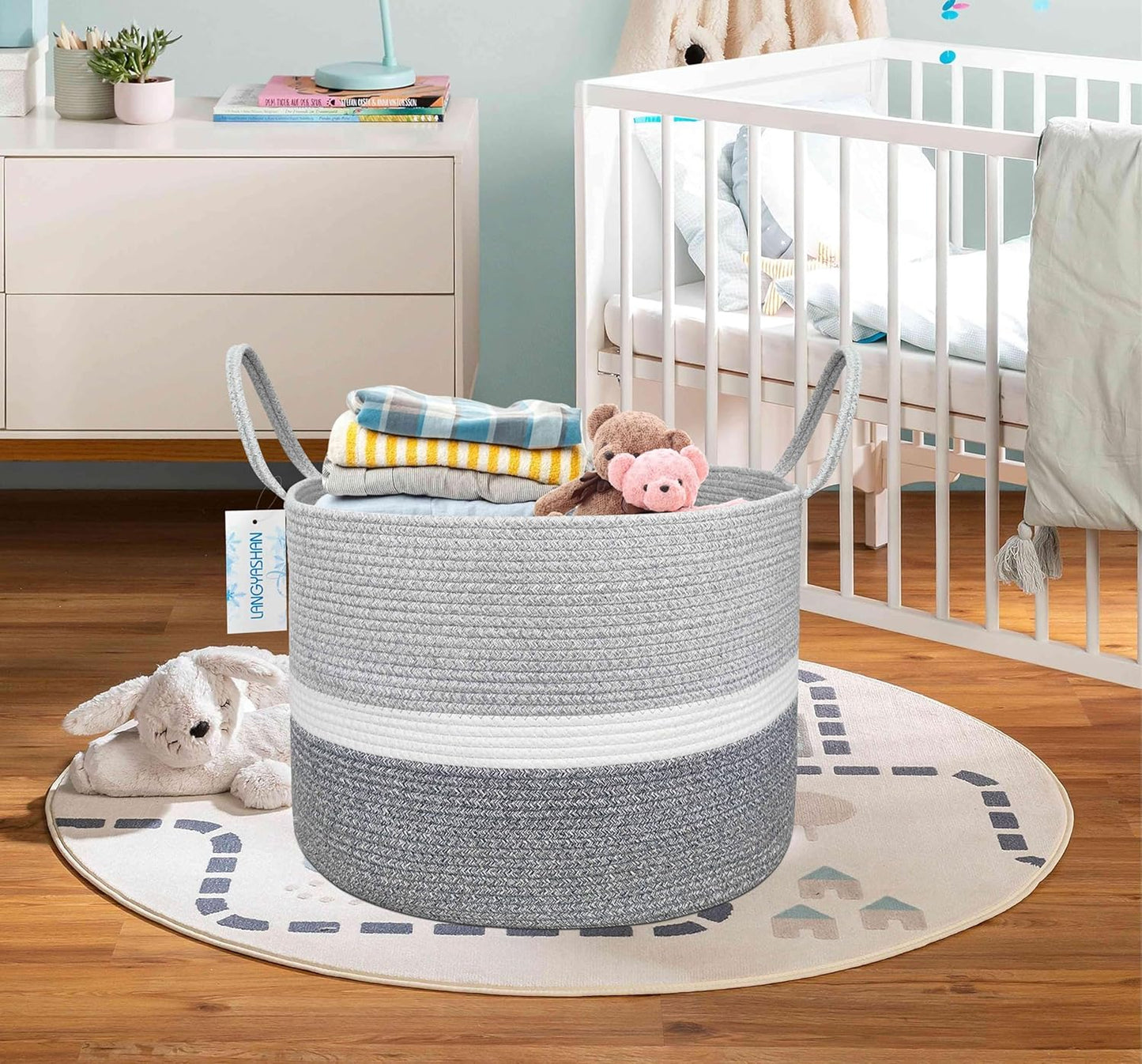 21.65" x 13.78" XXXLarge Woven Rope Basket Decorative Blanket Basket for Living Room Toys Sofa Throws Storage Towels or Nursery Laundry Hamper with Handles Laundry Basket (Three-Colour)