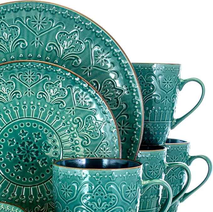 Elama Sea Foam Mozaic 16 Piece Round Stoneware Dinnerware Set in Sea Green