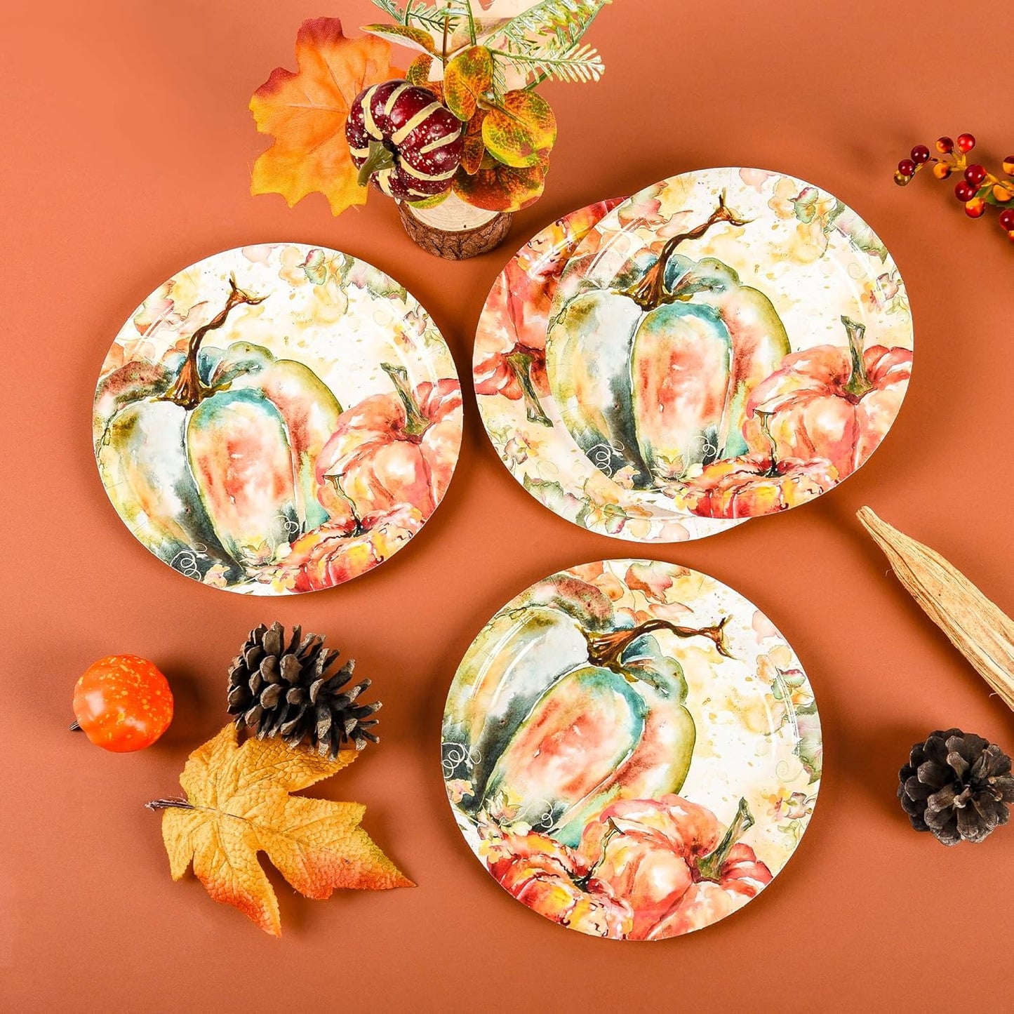 Fall Dessert Plates Thanksgiving Pumpkin Paper Plates 7" Autumn Watercolor Pumpkins Party Plates Harvest Teal and Orange Pumpkins Disposable Decorative Dessert Plates (24)