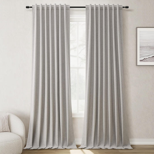 BOODII Room Darkening Curtains Silver Gray Black Out Curtains 96 Inches Long 2 Panel Set Back Tab Neutral Linen Curtain for Sliding Door Modern Farmhouse Living Room Blackout Drapes Soundproof 52x96