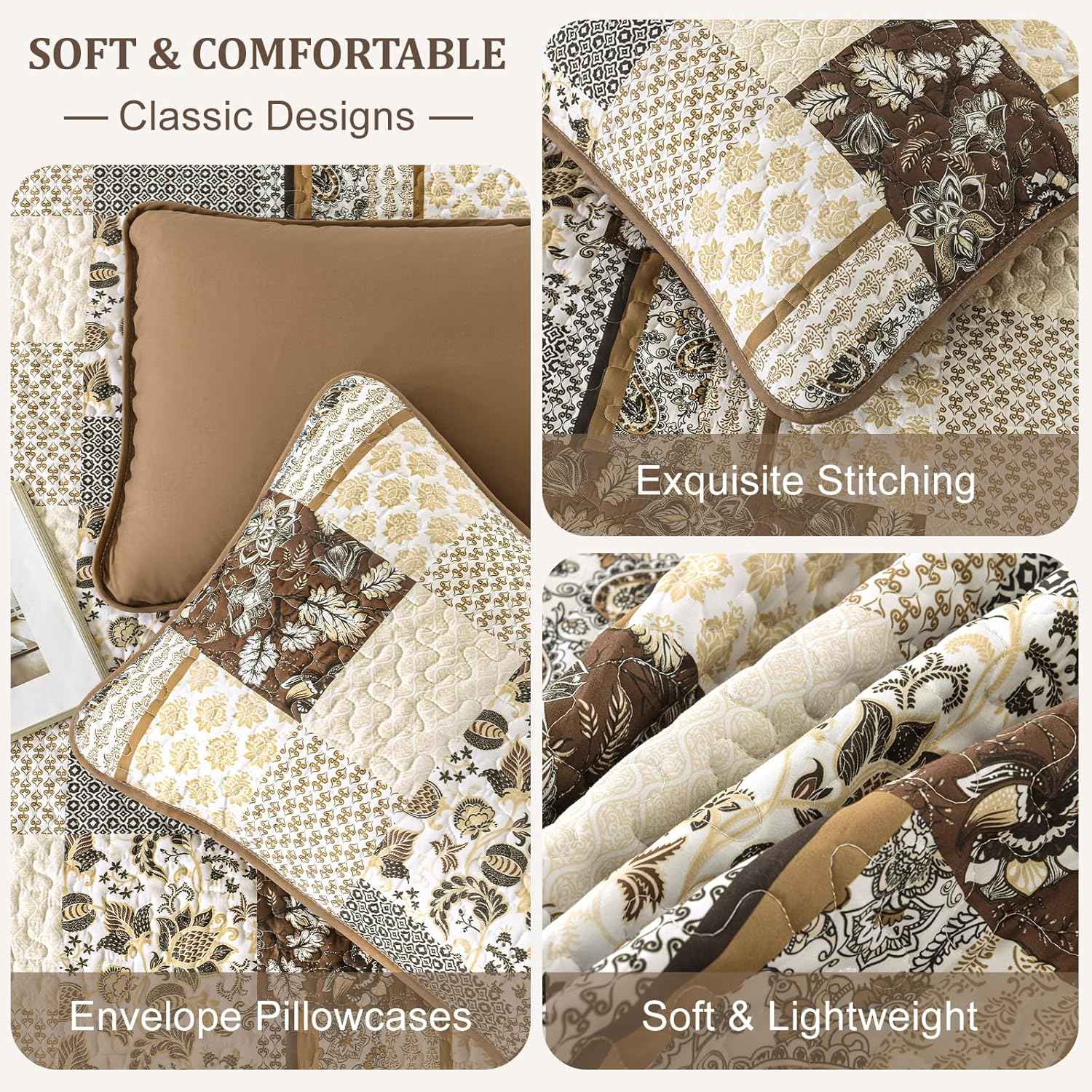 WONGS BEDDING Quilt Set Queen Size Brown, 3 Pieces Patchwork Plaid Bedspread Coverlet Set, Floral Soft Microfiber Bedding Set for All Season(96"×90")