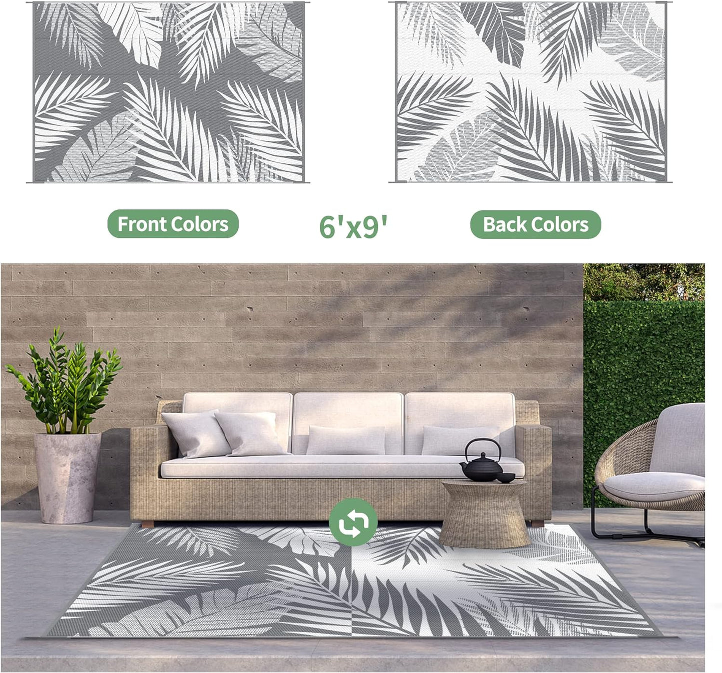 GENIMO Outdoor Rug 6' x 9' Waterproof for Patios Clearance, Reversible Plastic Straw Camping Carpet, Large Area Rugs Mats RV, Picnic, Backyard, Deck, Balcony, Porch, Beach, Grey&White