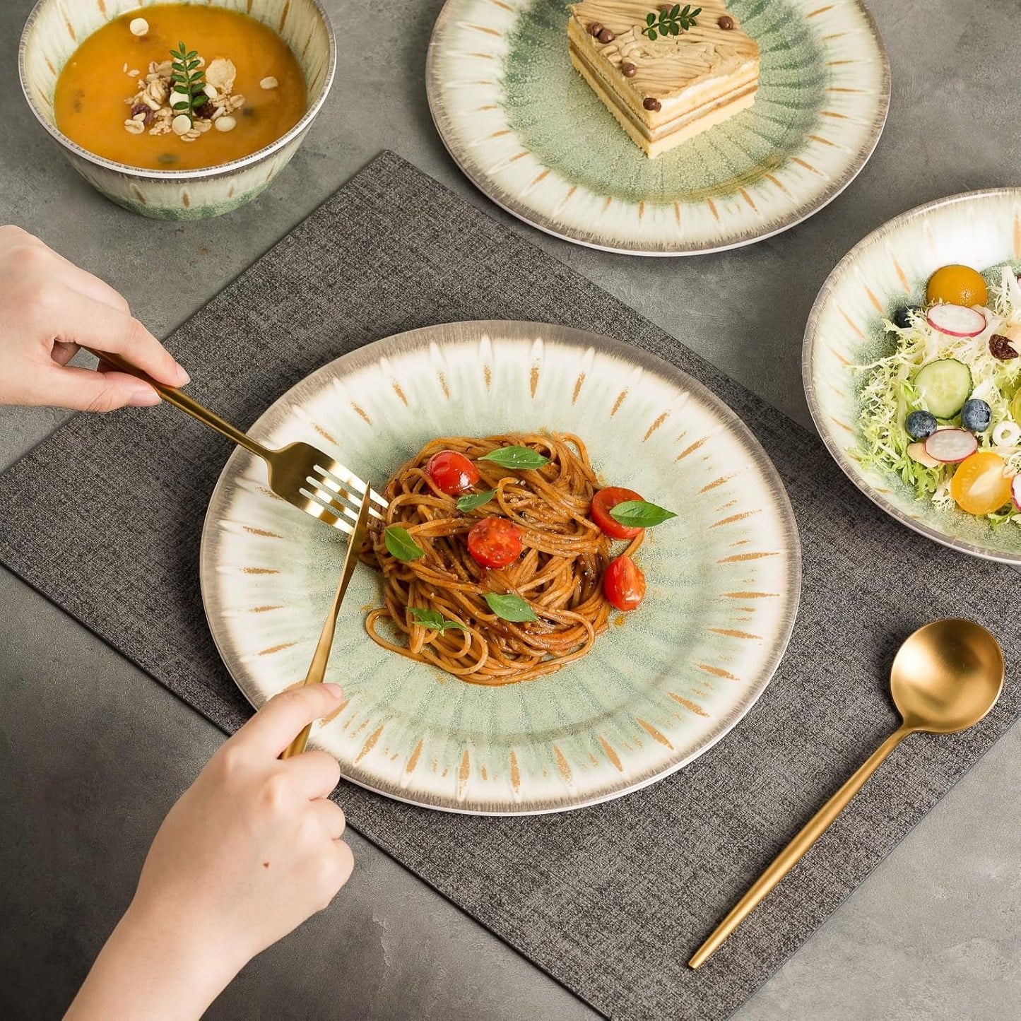 MissYip Melamine Dinnerware Set, 16 Piece for 4, Unbreakable Kitchen Plastic Plates and Bowls set, Indoor and Outdoor Use Tableware, BPA Free, Dishwasher Top Safe, Not Microwave, Not Oven(Green)