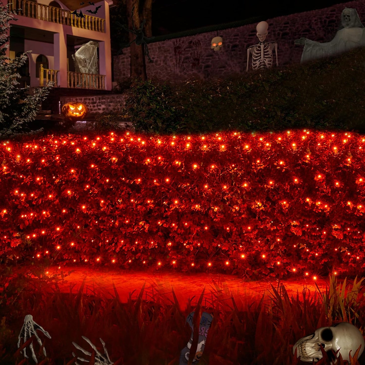 WBao Solar Halloween Lights Outdoor, 200LED 8.4ft x 5.2ft Halloween Net Lights with Remote, 8 Modes, Timer, IP65 Waterproof & Dark Green Wire for Lawn, Bushes, Trees Outdoor Decorations, Orange