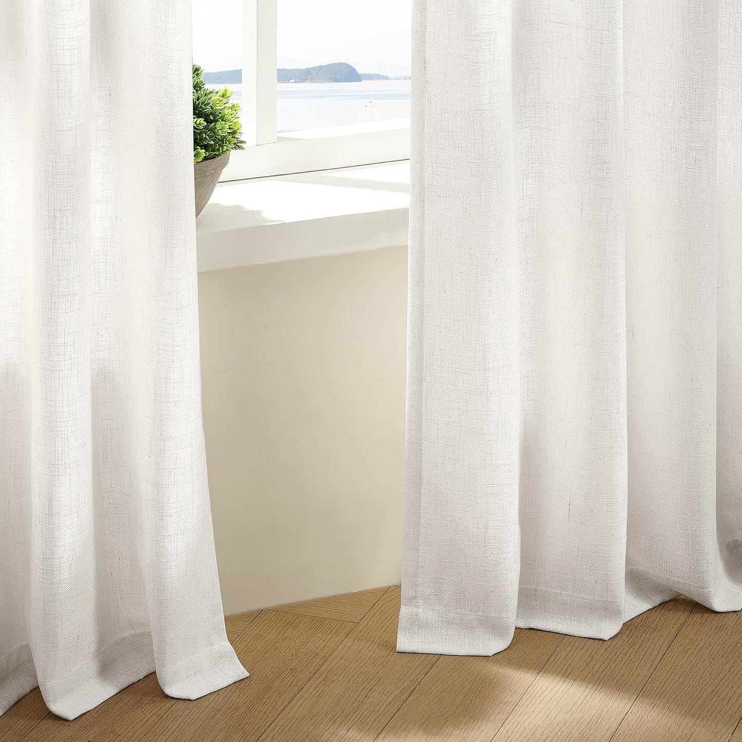 Beige White Linen Curtains Pinch Pleated 84 Inches Long for Living Room Bedroom Pleat with Rings Back Tab Semi Sheer Curtains 84 Inch Length 2 Panels Set Light Filtering Farmhouse Drapes