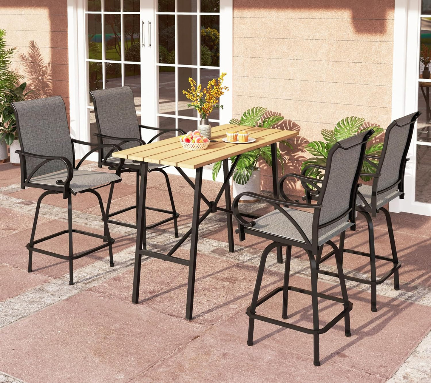 PHI VILLA 5 Piece Patio Bar Set, High Top Outdoor Dining Table and Chairs with Swivel Bar Stools (Gray) & Wood-Like Steel Rectangle Bar Table for Yard, Deck, Garden and Kitchen