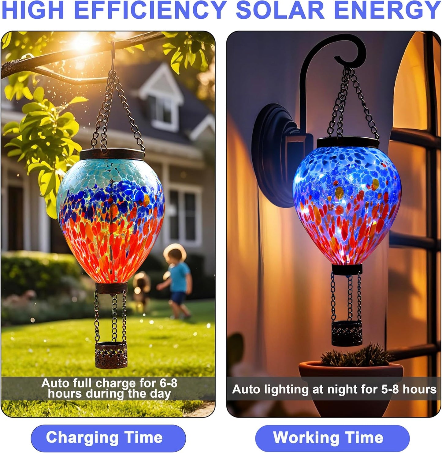 VOREEN Solar Hot Air Balloon Light – Handblown Colored Glass Outdoor Hanging Lantern for Garden, Patio, Balcony Decor – Waterproof, Fade-Resistant LED Light, Gift for Mom Wife Friend, Nature Lovers