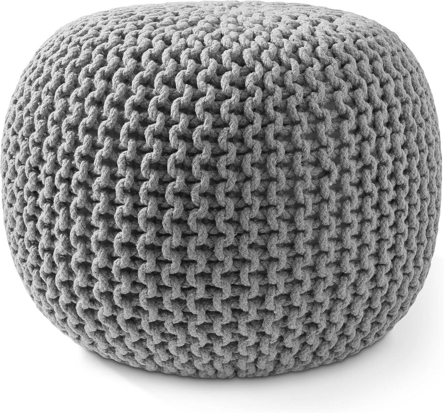 Casafield Round Pouf Ottoman, Light Gray - 20" Diameter x 14.5" High Cotton Knit Foot Stool - Boho Floor Pouffe for Living Room, Bedroom, Home Office