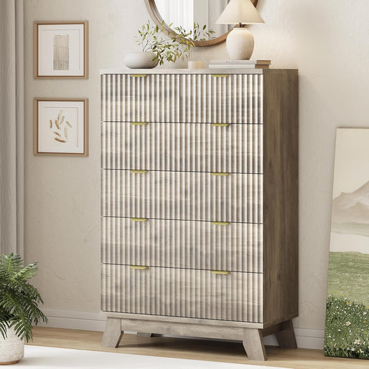 Fluted Dresser for Bedroom with 6 Drawers, 46" Tall Modern Chest of Drawers with Metal Handle, Wooden Dresser TV Stand, Wood Closet Clothes Storage Organizer for Living Room, Hallway, Grey