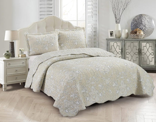 Brilliant Sunshine Classic Grey Floral Toile in Beige Background, 3-Piece Quilt Set with 2 Shams, Reversible Bedspread, Soft Lightweight Coverlet, All-Season, Full/Queen, Beige