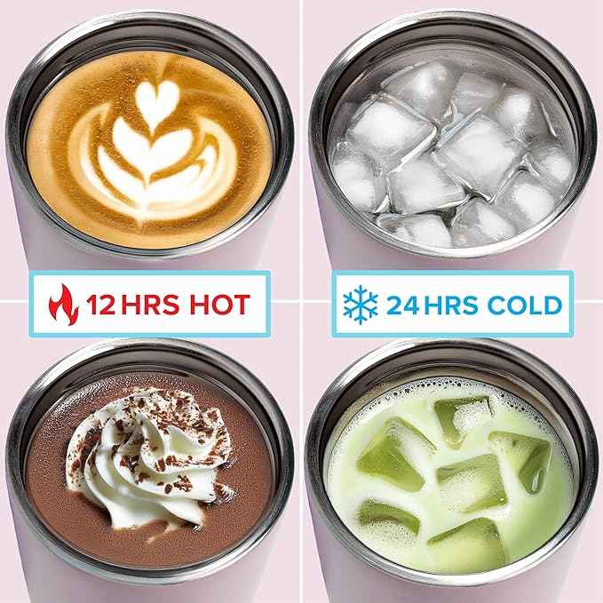 Tasty 12oz Insulated Stainless Steel Push Mug, Leak-Proof Lid with One-Hand Open/Close Button, Travel Coffee Cup, Double Wall Vacuum Flask, Pink