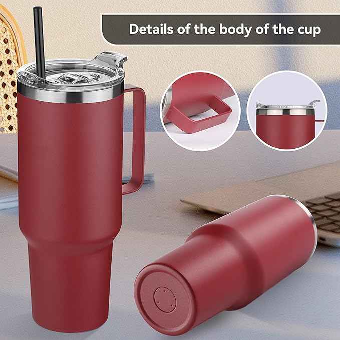 HASLE OUTFITTERS 40 oz Stainless Steel Tumbler with Handle, Vacuum Insulated Tumblers Bulk, Reusable Double Wall Travel Coffee Mug, Durable Powder Coated Water Bottles(Wine Red, 8)