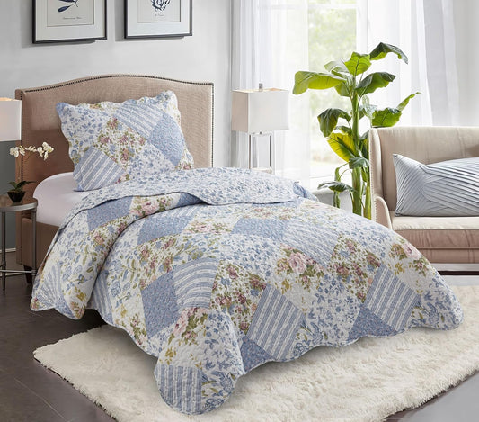 Brilliant Sunshine Blue Rose Patchwork, 2-Piece Quilt Set with 1 Sham, Reversible Bedspread, Soft Lightweight Coverlet, All-Season, Twin, Blue Rose