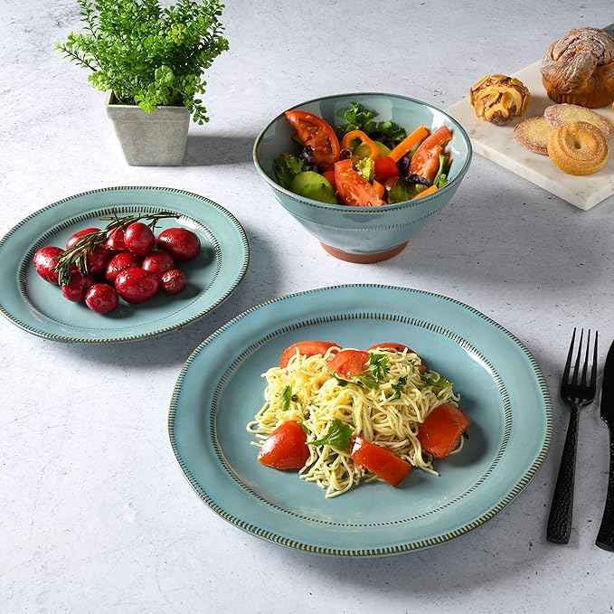 Gibson Elite Terranea Round Reactive Glaze Terra Cotta Dinnerware Set, Service for Four (12pcs), Teal