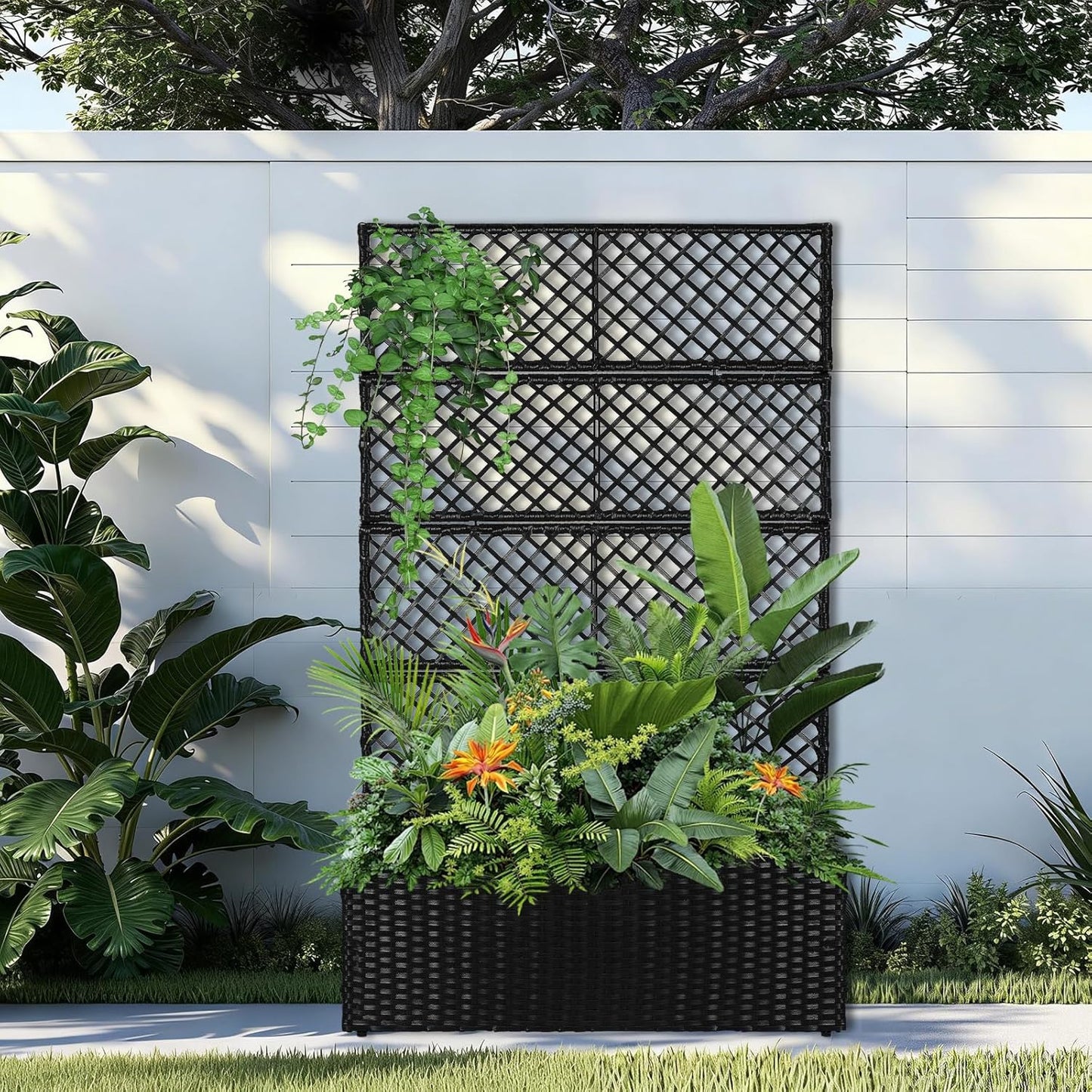 52’’ H Garden Planter Box with Trellis Outdoor for Vine Climbing Plants, Flowers Handwoven Rattan Garden Bed with Removable Liners for Backyard Patio Balcony