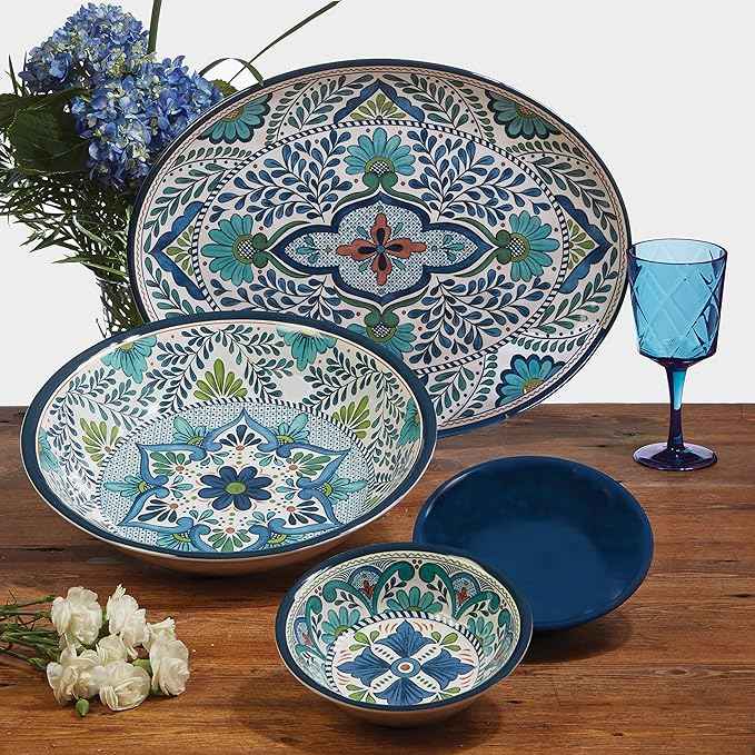Talavera 3-Piece Melamine Hostess Serveware Set – Chip & Dip Server, 3-Section Relish Tray, and 19" Rectangular Platter – Colorful Southwest Serving Set for Entertaining & Outdoor Dining