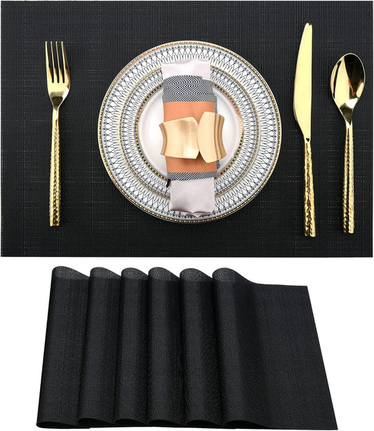 Black Placemats Set of 6 - Easy Clean Washable Vinyl Placemats - Wipeable Heat Proof Table Mats for Dining Table - 17x12 Inch (Pure Black, 6)