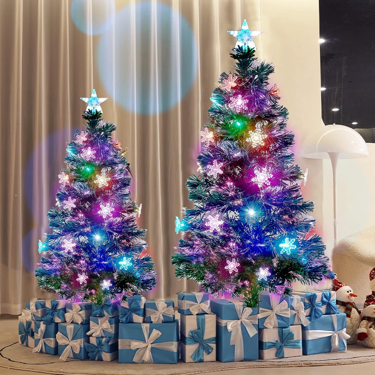 Juegoal 5 ft Pre-Lit Artificial Christmas Tree, Lighted Optical Fiber Xmas Trees with RGB Color Changing LED Lights, Snowflakes & Top Star, Festive Party Holiday Fake Multicolored Tree with Metal Legs