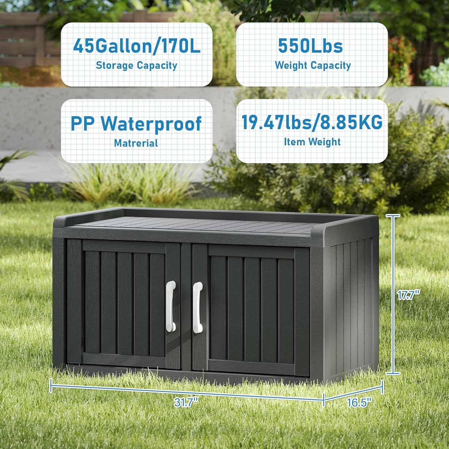 2-Tier Storage Bench, Waterproof UV-Resistant Outdoor Shoe Storage Cabinet with 2 Doors & Adjustable Shelves for Indoor Outdoor Entryway, Hallway, Living Room (Black)