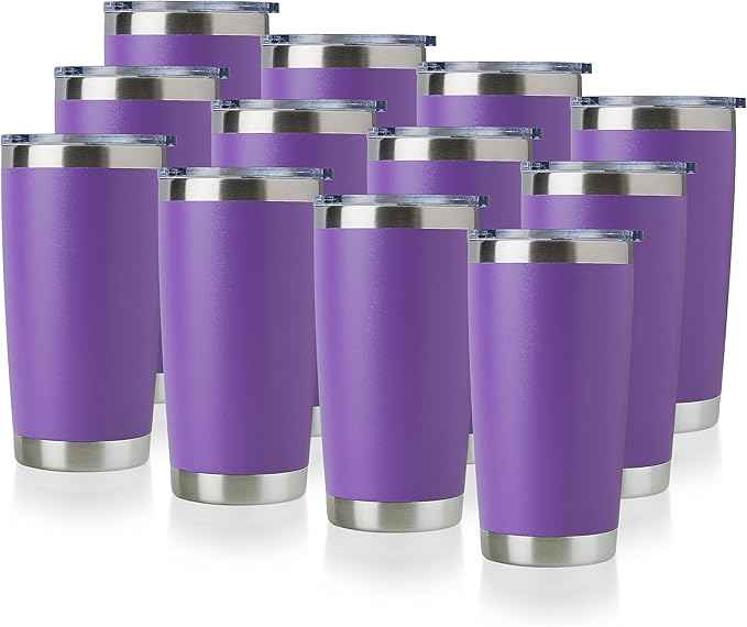 DOMICARE 20oz Stainless Steel Tumbler Bulk with Lid, Double Wall Vacuum Insulated Travel Mug, Powder Coated Coffee Cup, Powder Purple, 12 Pack