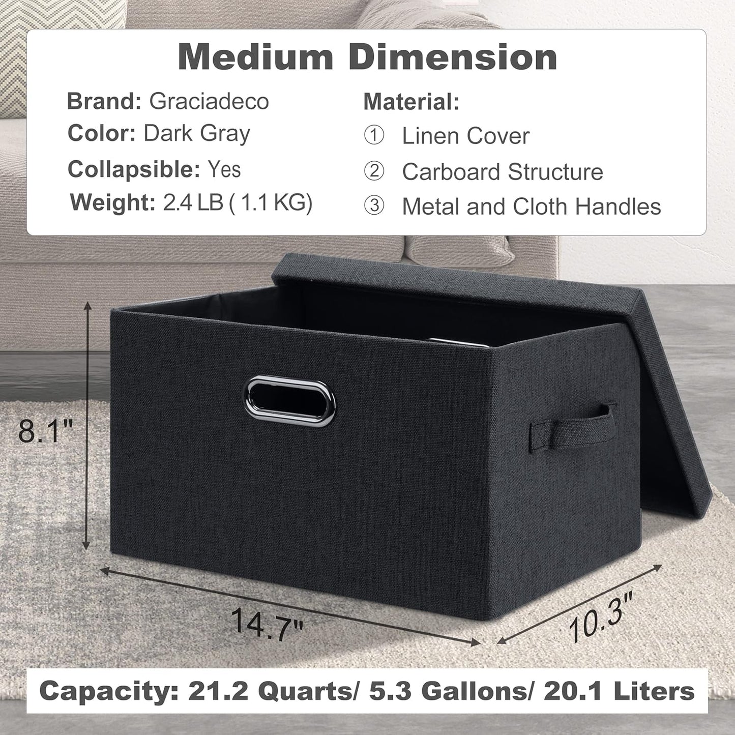 Medium 15" 21 Quart Collapsible Stackable Storage Bins with Lids, 3 Packs Dark Grey Foldable Fabric Closet Boxes Heavy-duty Linen Cube Baskets Container for Bedroom Office (15 x 11 x 8)