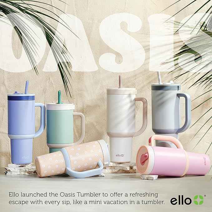 Ello Oasis 30 oz Tumbler with Handle & Retracting Straw | Reusable Insulated Stainless Steel Cup 100% Leakproof, Gifts for Teens Women Men | Keeps cold for 24 Hours, Cup Holder Friendly, Cream Tonal
