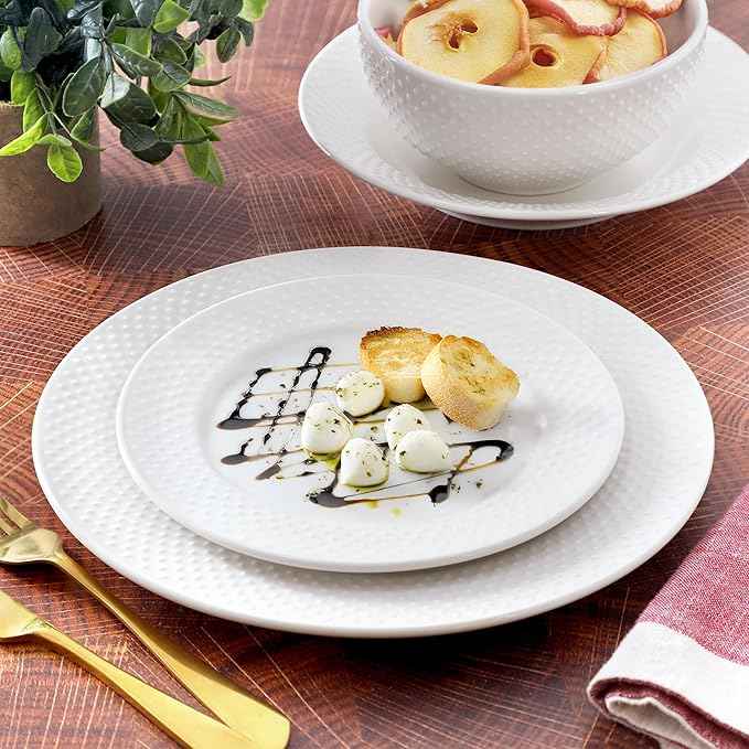 Elama Kim 16 Piece Hobnail Double Bowl Porcelain White Dinnerware Set, Serveware, Tableware, Bowls, Plate Set (Kim)