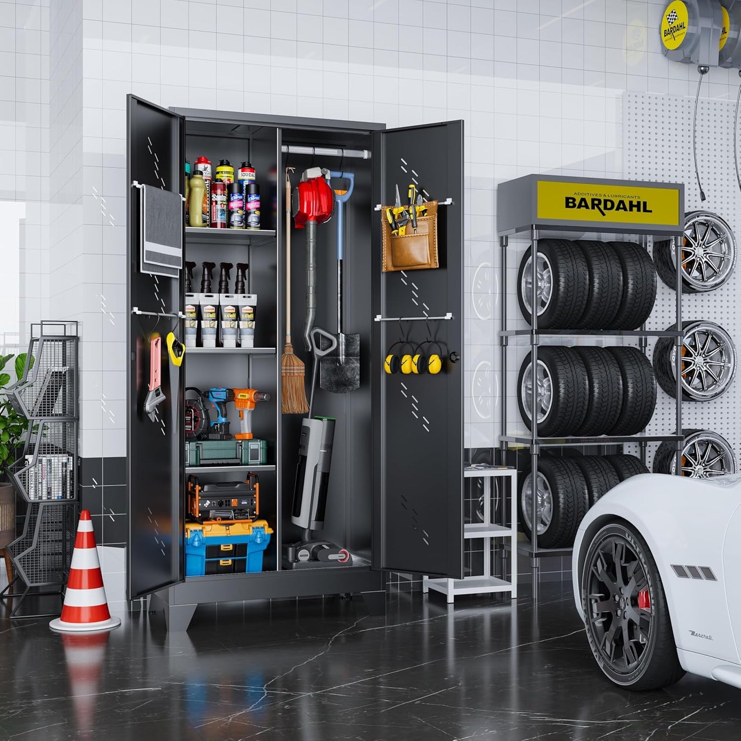 Metal Garage Storage Cabinet with Locking Doors, 71" Tall Broom Closet Storage Cabinet, Heavy Duty Garage Organization Cabinets, Steel Cabinet with Hanging Rod, Assembly Required - Lumora Casa