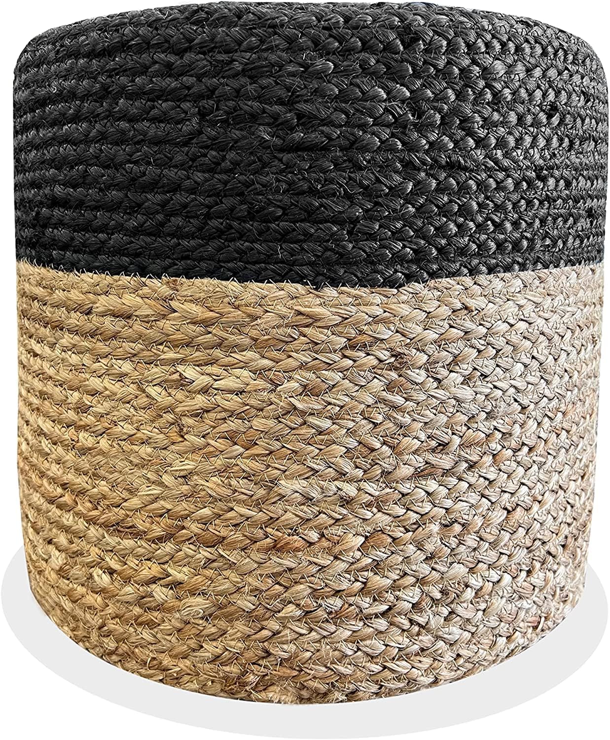 Jute Pouf Ottoman | Footrest Pouf | Hand Braided - Round Boho Pouffe - for Living Room, Bedroom, Nursery (16"x16"x16") Black