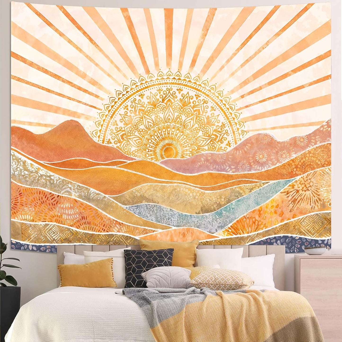 Lunerfex Bohemian Mandala Sunrise Wall Tapestry, Abstract Mountain Scenery Tapestries for Home Decor, Boho Tapestry 90x70 Inch