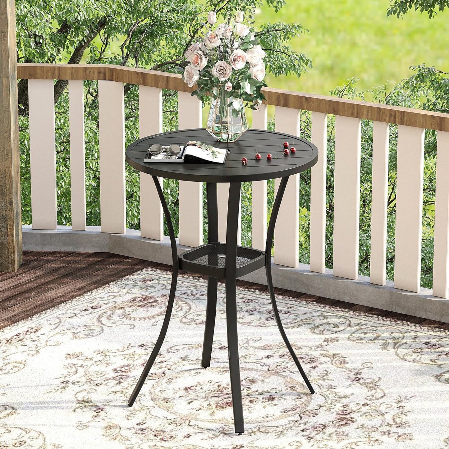 VICLLAX 28" Round Outdoor Bar Table, Counter Height Patio Table with Adjustable Umbrella Hole for Balcony, Black