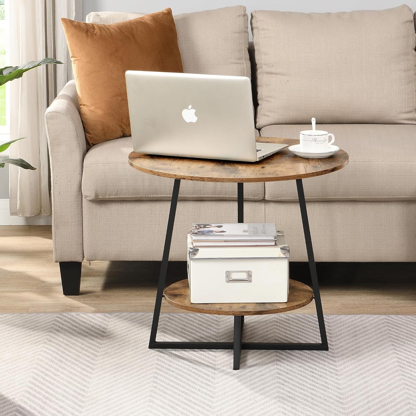 D&H FURNIMMT 20" Round End Table, Industrial 2-Tier Side Table, Metal Frame Nightstand Accent Table for Living Room Bedroom Small Spaces, Rustic Brown & Black