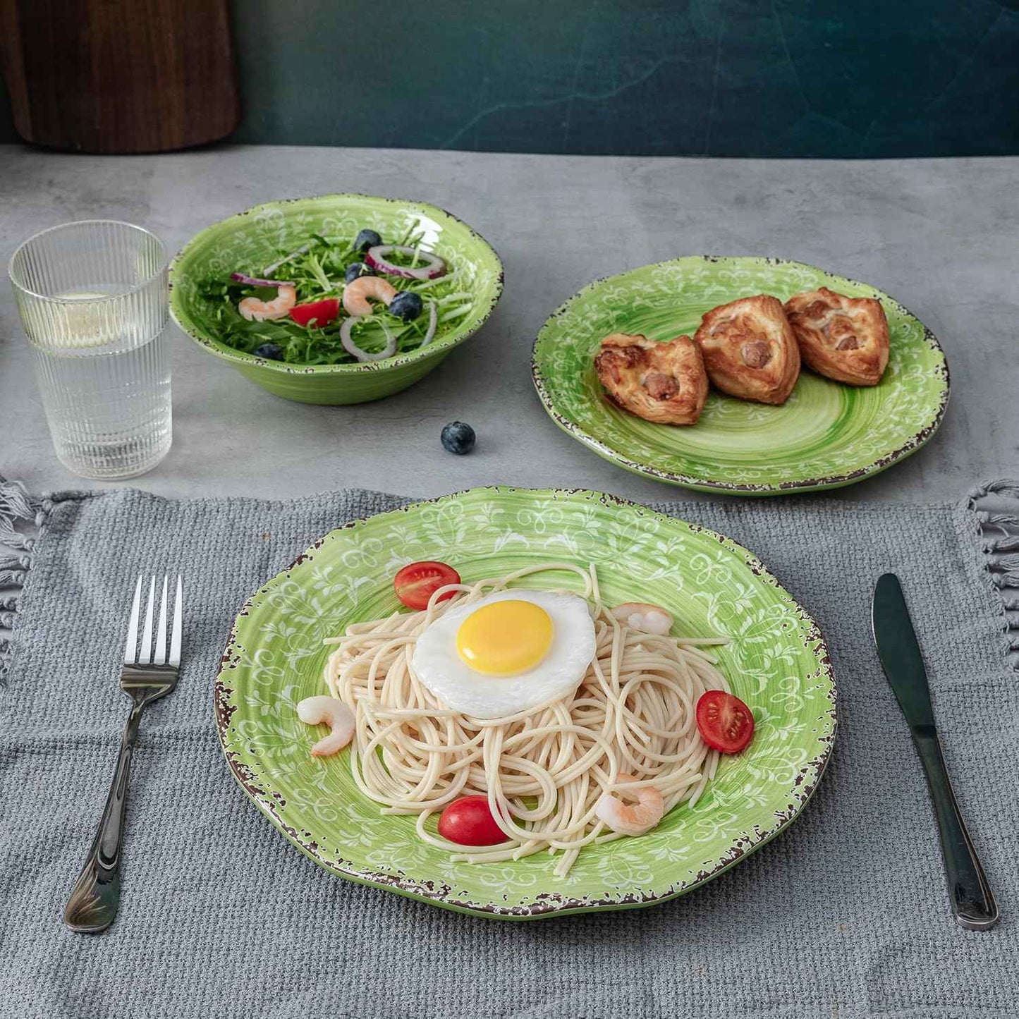LEHAHA Unbreakable Melamine Dishes Dinnerware Sets, 12 Piece Luxury Thick but Lightweight Farmhouse Plates and Bowls Set for Spring Summer Picnic, RV, Camping & Everyday Use, Service for 4, Green