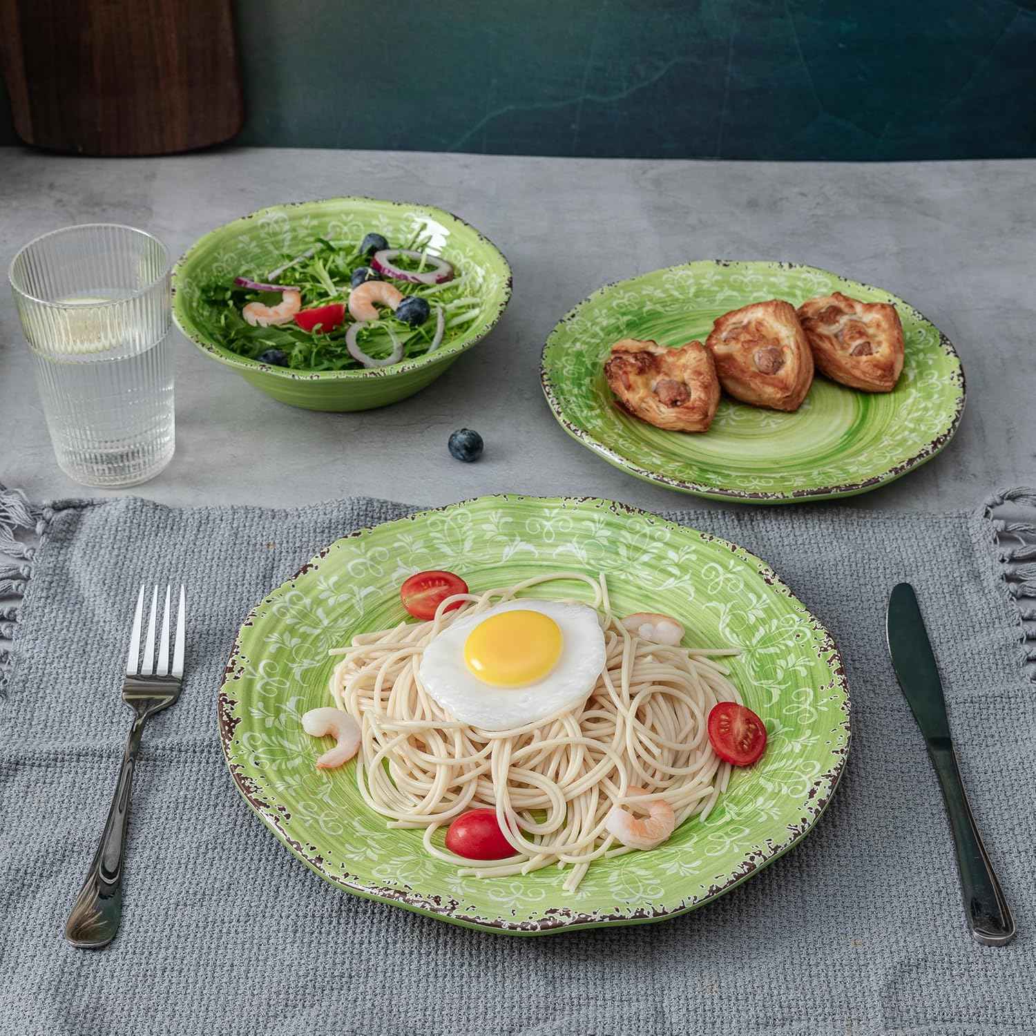 LEHAHA Unbreakable Melamine Dishes Dinnerware Sets, 12 Piece Luxury Thick but Lightweight Farmhouse Plates and Bowls Set for Spring Summer Picnic, RV, Camping & Everyday Use, Service for 4, Green