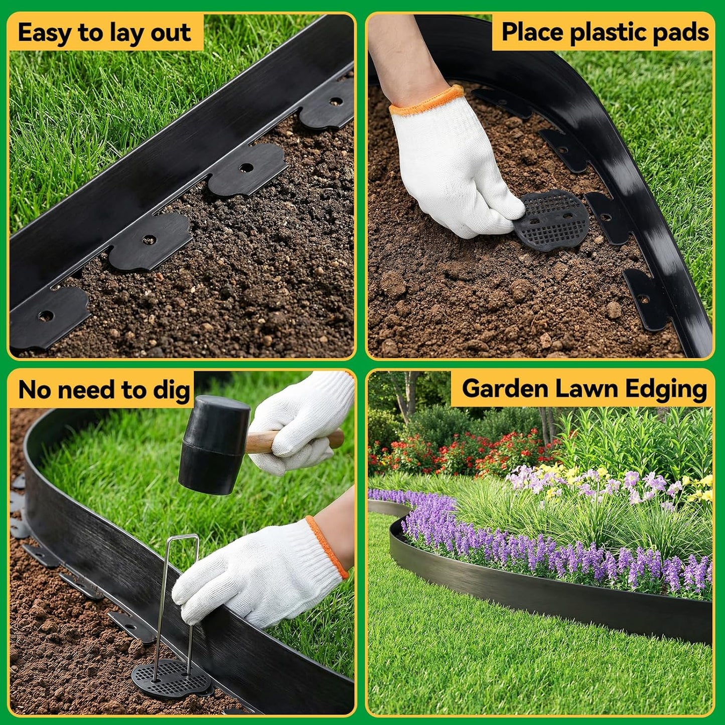 GOTGELIF Landscape Edging Border Kit No Dig, 3'' x 100FT, Black Garden Edging with 110 U-Shaped Nails for Lawn, Flower Beds, and Yard Borders
