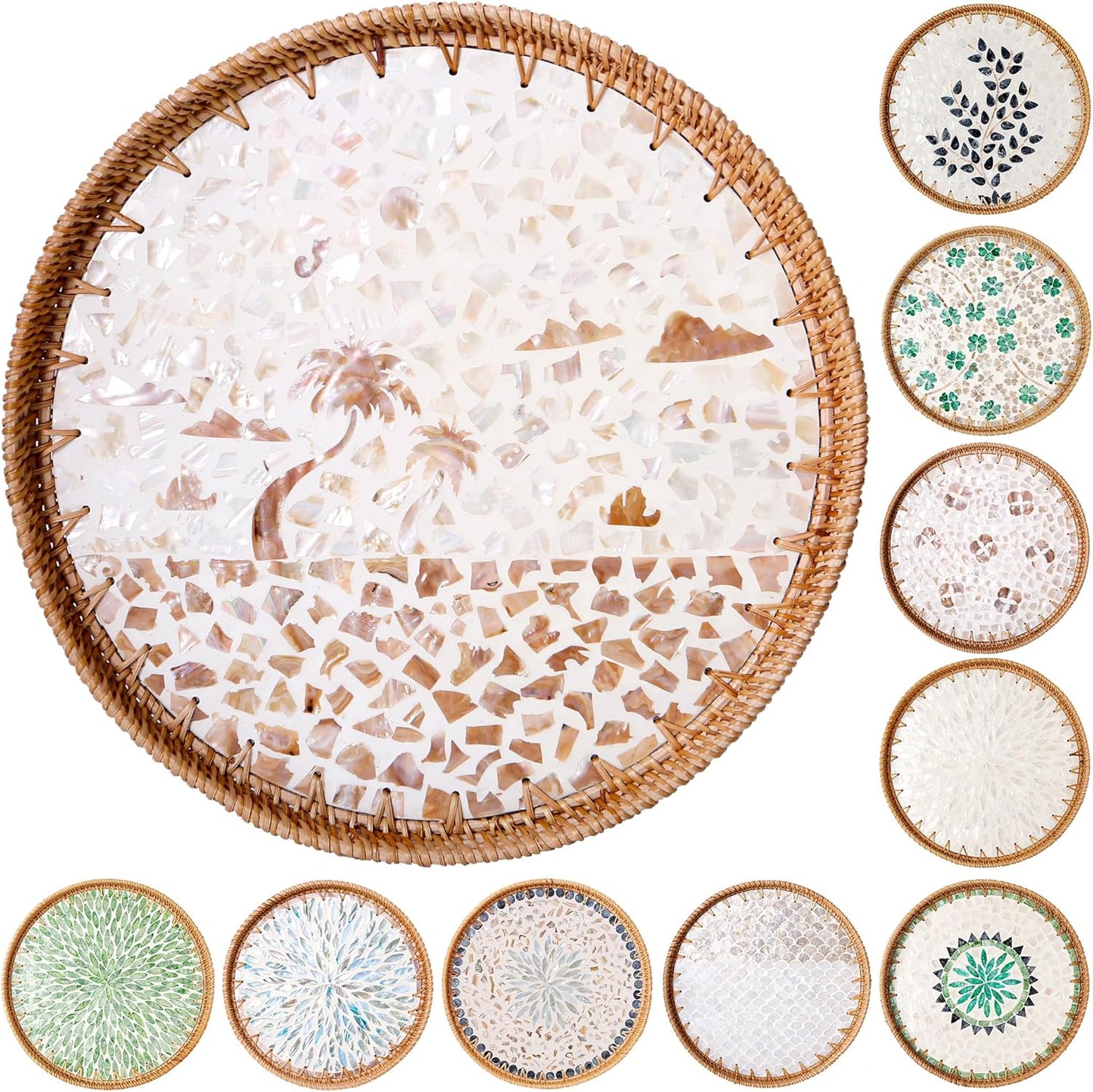 Round Rattan Tray with Mother of Pearl Inlay & Wooden Base - Decorative Wicker Serving Tray for Coffee/Bread/Fruits, Food Storage & Display - Multipurpose Home Decor (L,Island)