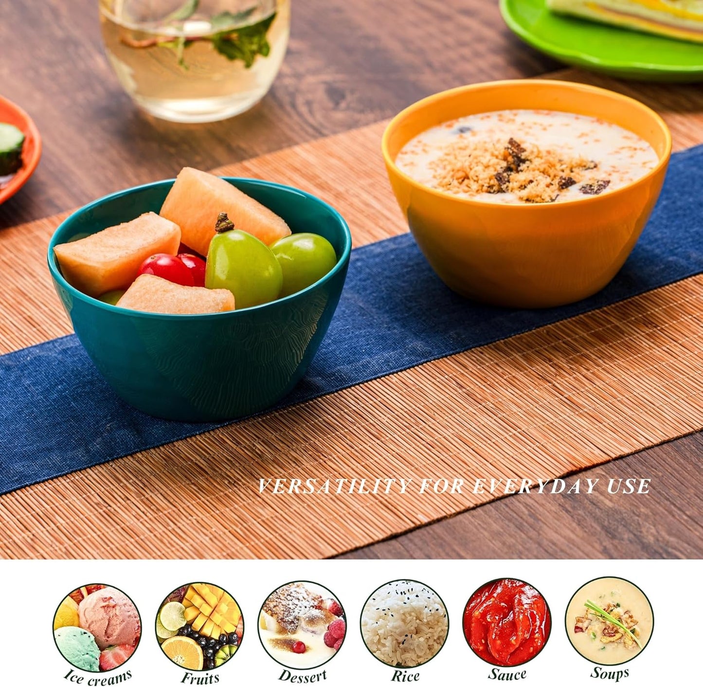 4.7-Inch Melamine Rice Bowls (Set of 6) - 12oz Unbreakable and Reusable Soup Bowls with Ceramic Feel, Stackable and Dishwasher-Safe Dinnerware (Multi-color)