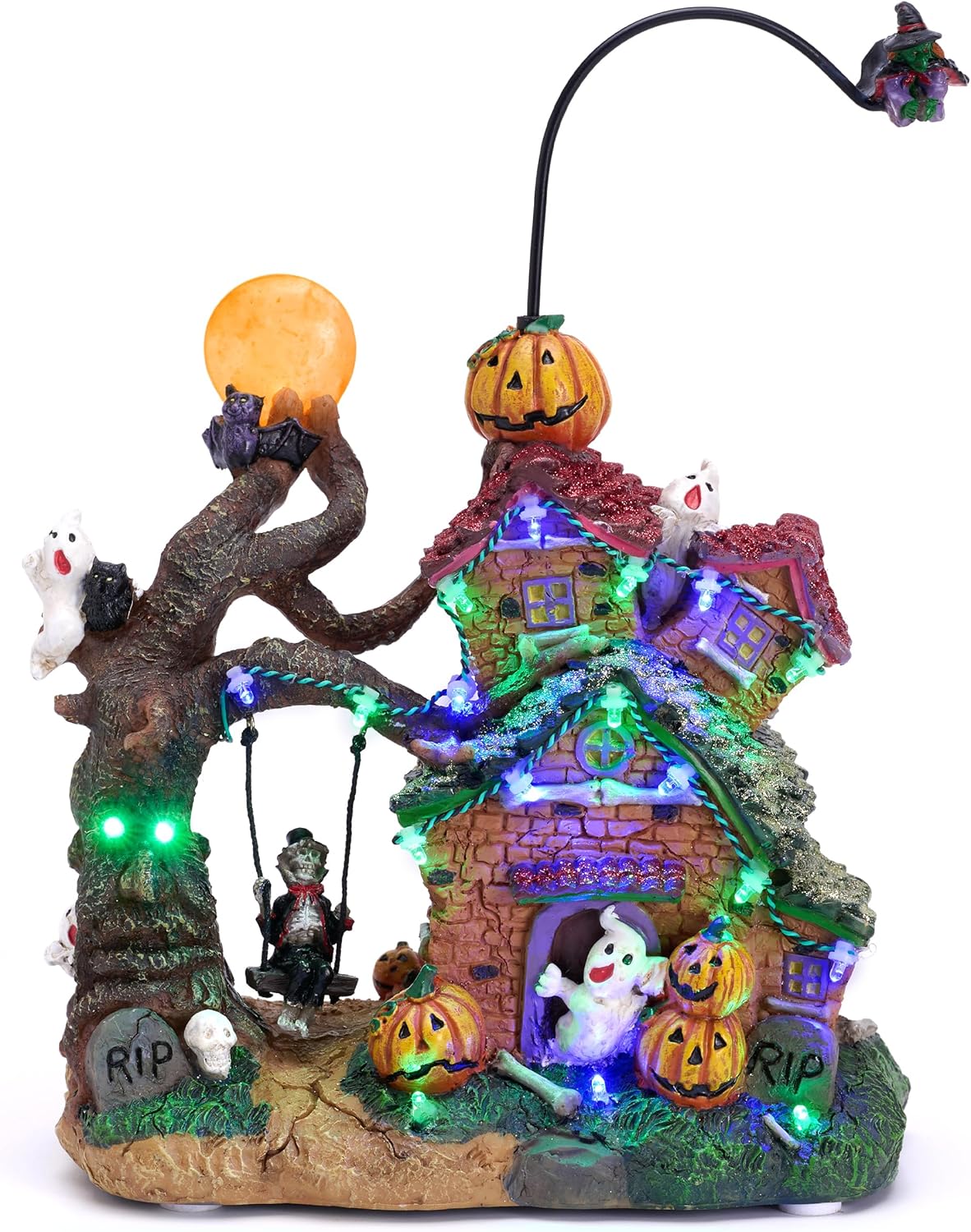 Valery Madelyn Halloween Decorations, Lighted Halloween Village Houses with Music and LED Lights, Resin Spooky Town Flying Witch and Haunted House for Home and Party Table Desk Mantel, 12 Inch