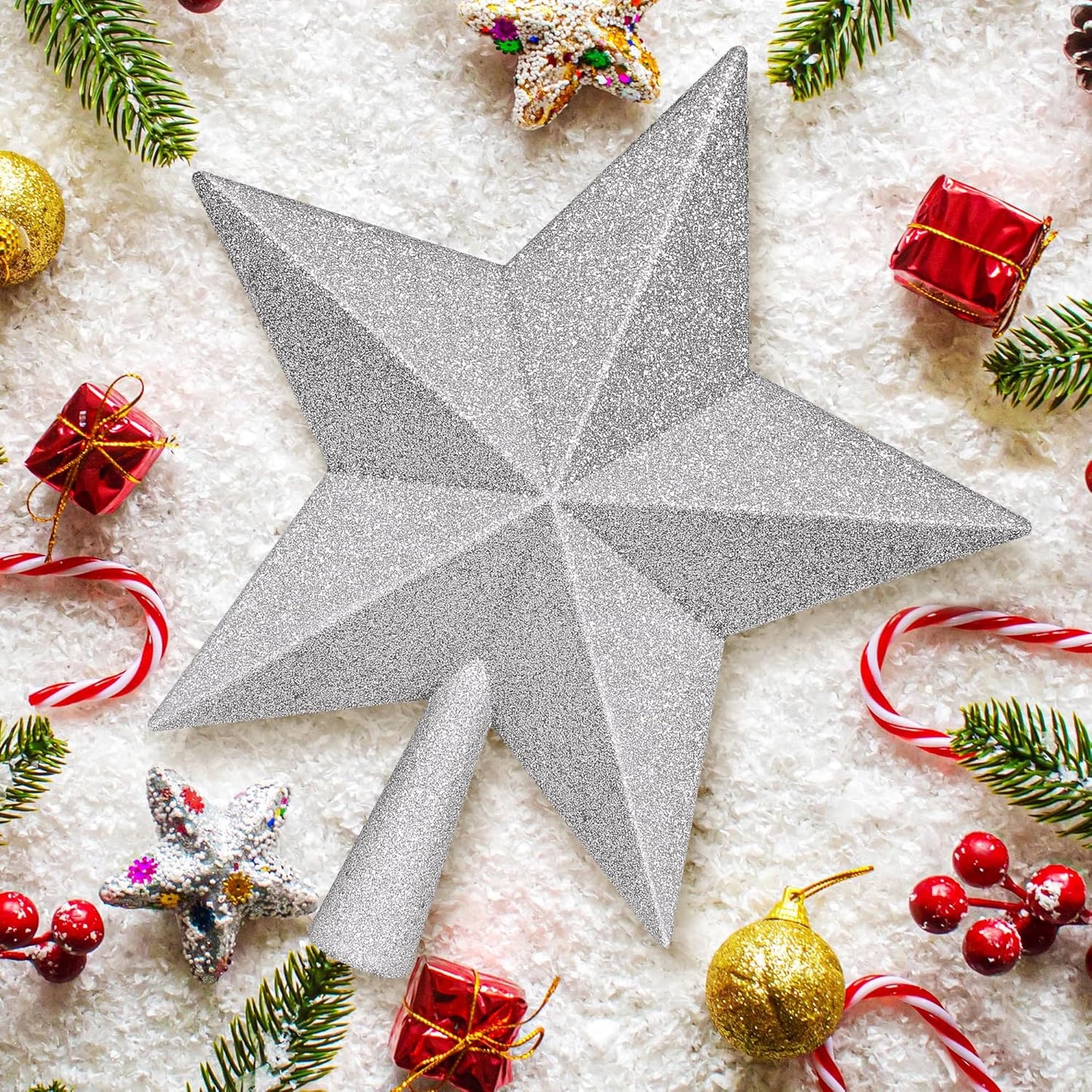 Christmas Tree Decoration, 10" Silver Christmas Tree Topper with Glitter, Large Bethlehem Star Xmas Tree Topper Decor, Waterproof Shatterproof Tree Topper for Christmas Holiday Home Indoor Outdoor