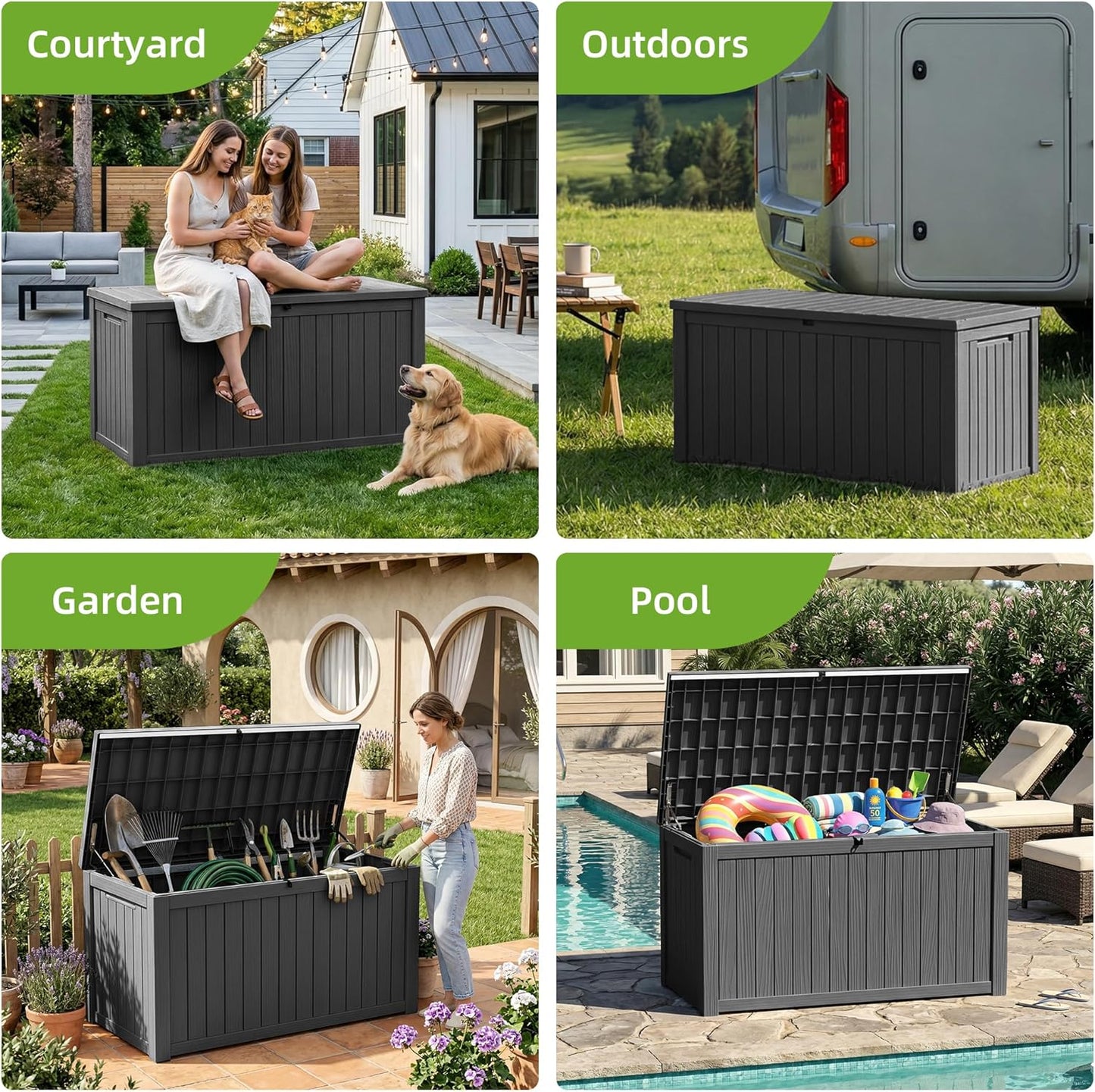 200 Gallon Outdoor Storage Deck Box Waterproof Resin Lockable Outside Bench Porch Patio Furniture Pool Float Garden Tool Cushion UV Resistant Bin Black