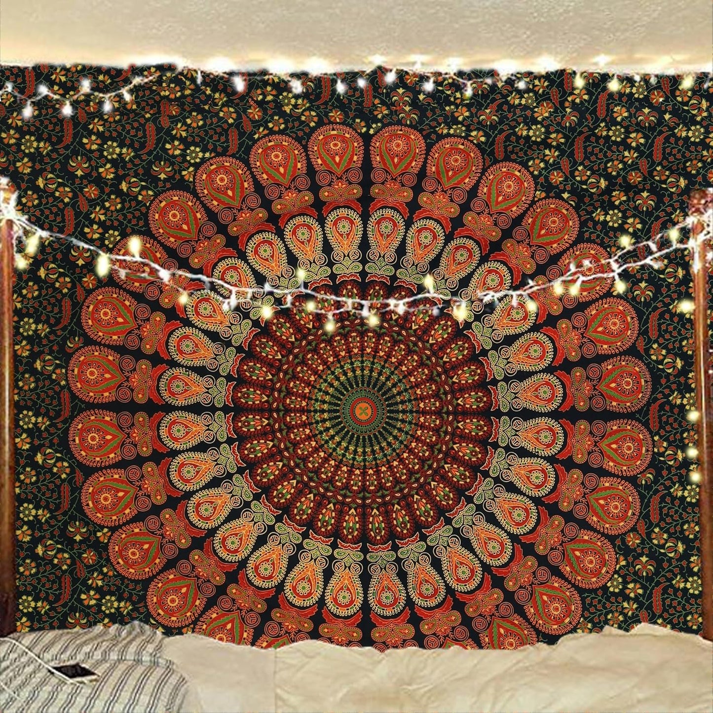 Bless International Handmade Indian hippie Bohemian Psychedelic Peacock Mandala Wall hanging College Dorm Beach Throws Table Cloth Bedding Tapestry (Golden Green, Medium(54x60Inches)(137x152cms))