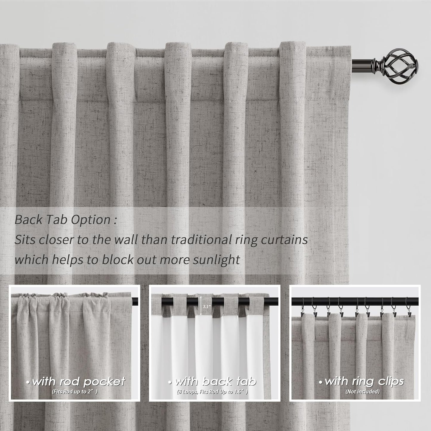 BOODII Full Blackout Curtains 90 Inches Long Room Darkening Curtain for Bedroom Sliding Door Thermal Insulated Black Out Curtains & Drapes Silver Gray Neutral Linen 2 Panels Set Back Tab 52x90