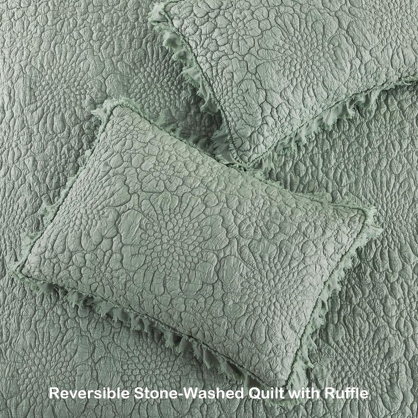 HORIMOTE HOME Sage Green Ruffled Quilt Twin Size, Stone-Washed Microfiber Lightweight Crinkled Farmhouse Rustic Shabby Chic Bedding Set, 2 Pieces Reversible Bedspread with Pillow Sham for All Season