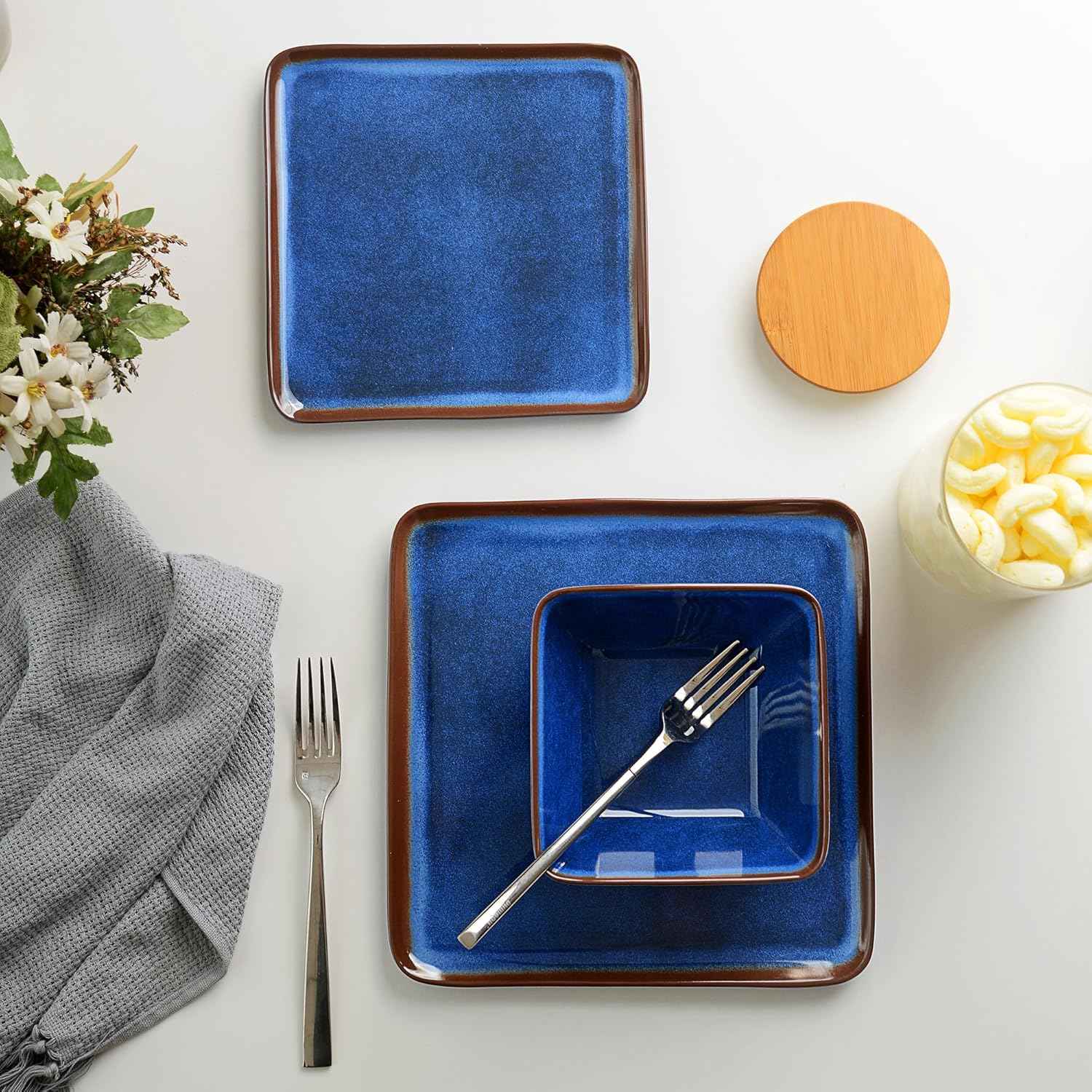 Melamine Dinnerware Sets, 12 Pcs Square Plates and Bowls Sets of 4, Unbreakable Dishes Set for Outdoor Use, Lightweight Dishware Set for Camping,Patio and RV, Dishwasher Safe, Navy Blue