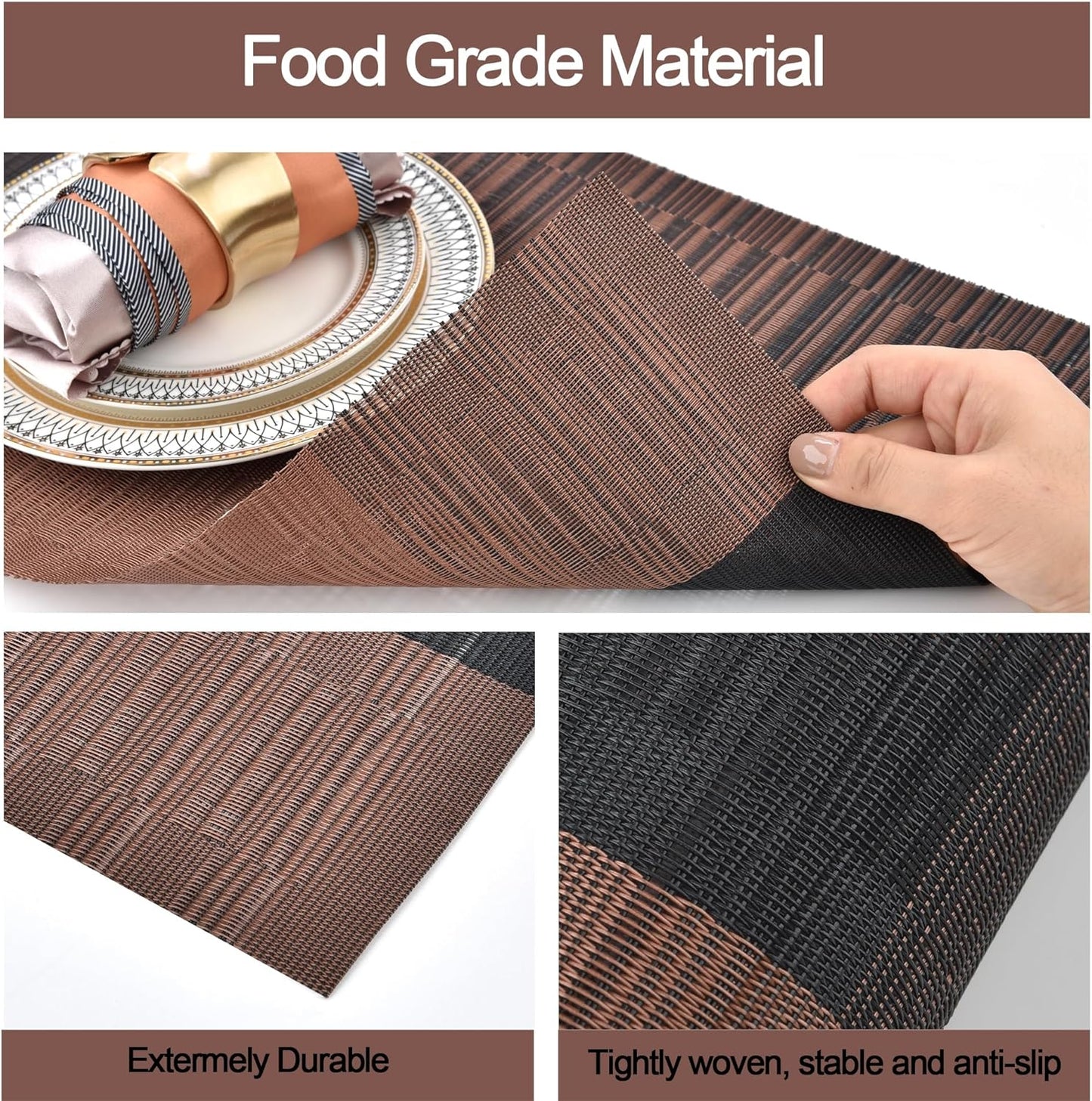 Placemats Set of 6 - Easy Clean Modern Durable Washable Vinyl Place Mats - Heat Resistant Placemats for Kitchen Table - PVC Table Mats for Dining Table (Brown Black, 6)