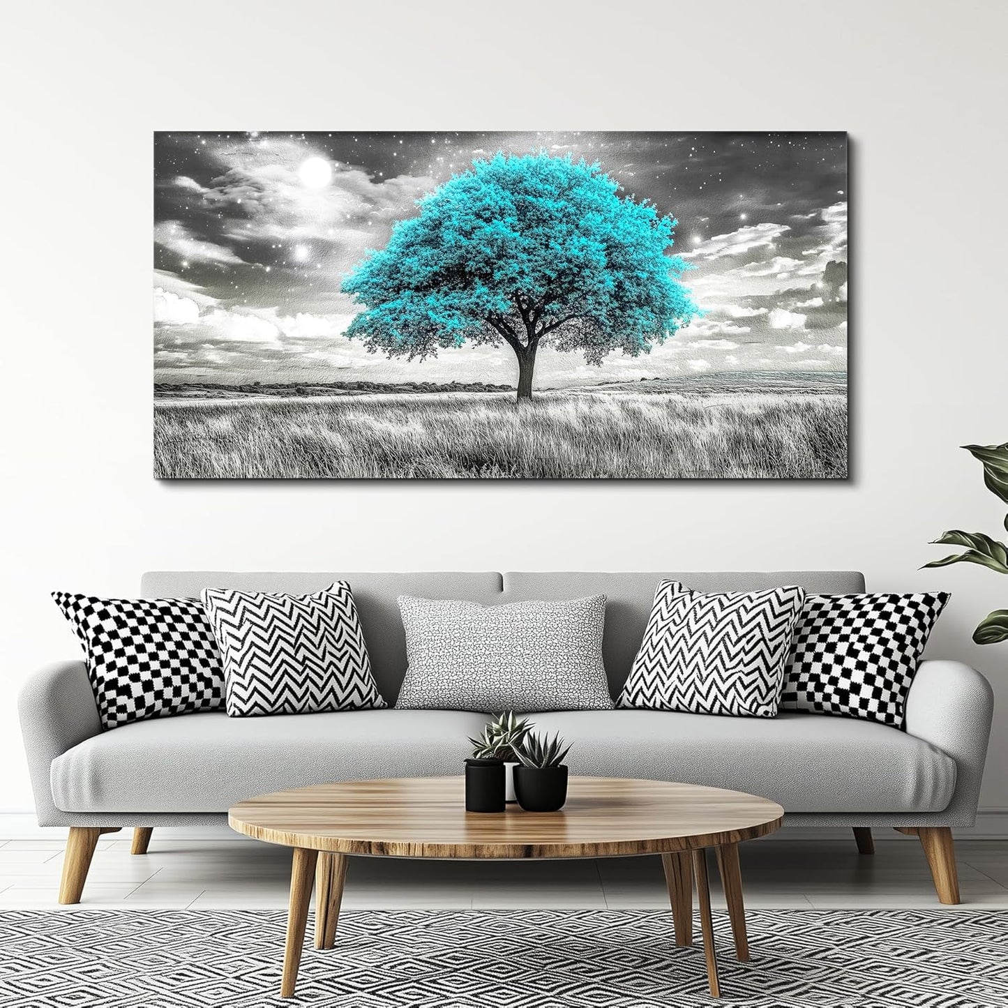 KELIYUAN Modern Canvas Print Wall Art Blue Tree Painting Full Of Stars Black And White Art pictures Natural Landscape Wall Decoration Suitable For Living Room Bedroom Office Framed Stretch 20x40 In