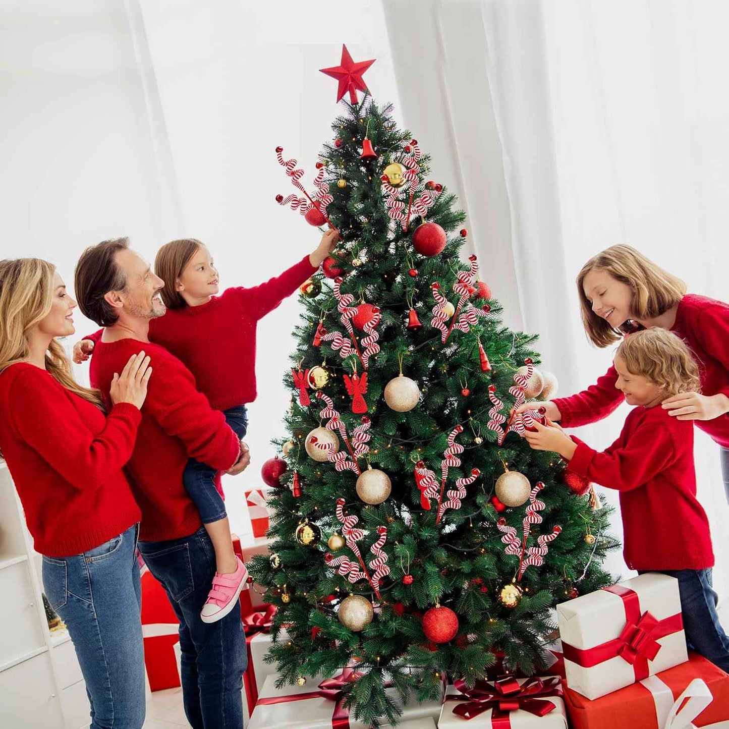 Sggvecsy 6 Pcs Christmas Tree Decoration Candy Cane Woolen Bells Candy Shape Christmas Tree Picks Christmas Bell Curly Picks Ornaments Xmas Tree Topper for Vase Filler Office Home Decor (Red)