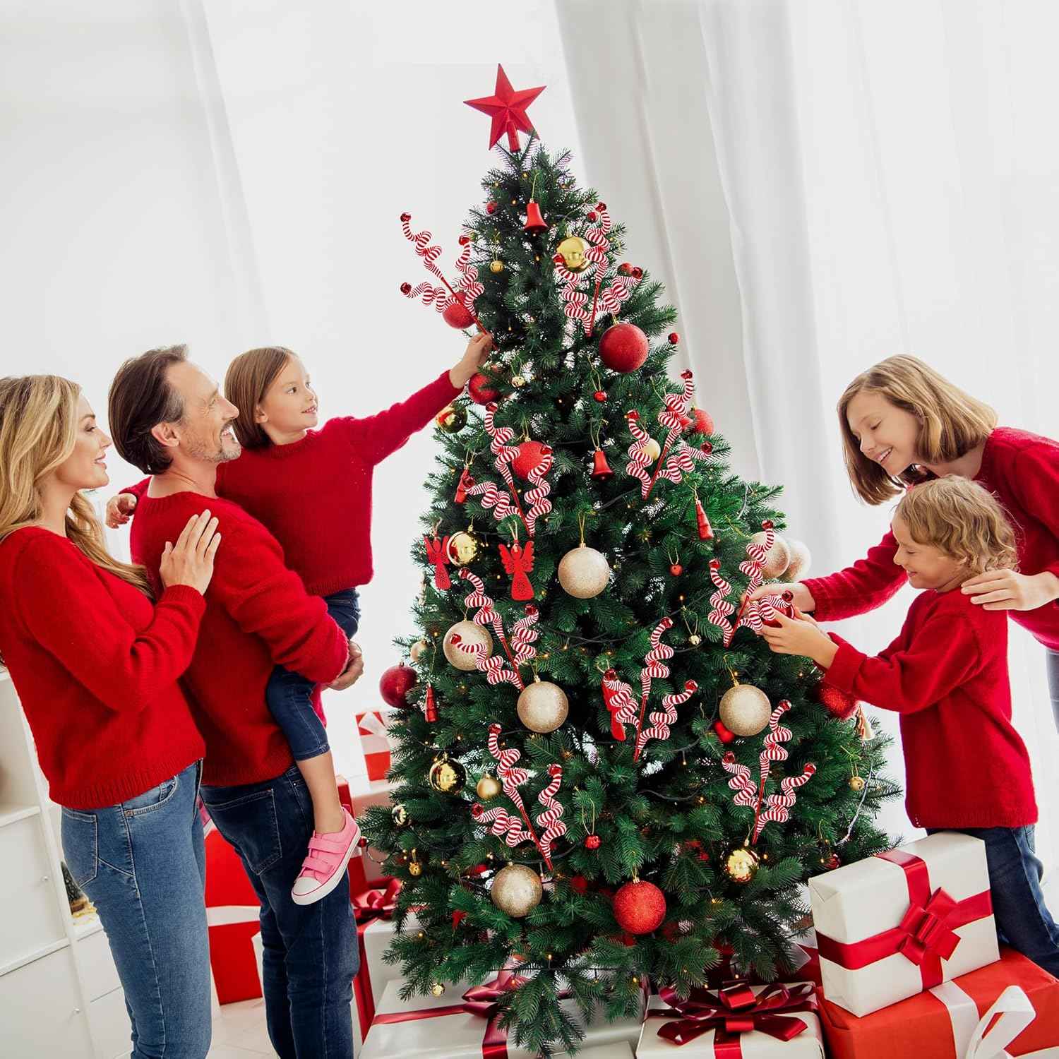 Sggvecsy 6 Pcs Christmas Tree Decoration Candy Cane Woolen Bells Candy Shape Christmas Tree Picks Christmas Bell Curly Picks Ornaments Xmas Tree Topper for Vase Filler Office Home Decor (Red)