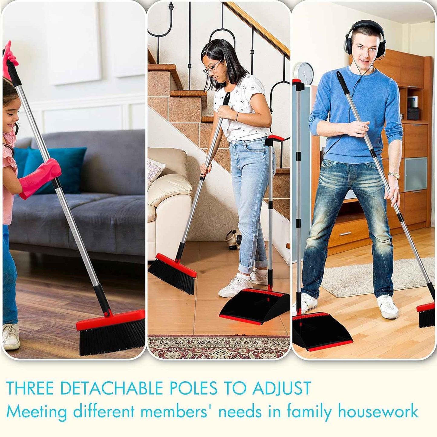 2-Pack Broom and Dustpan Combo Set, with 48" Adjustable Long Stainless Handles, Stand Up Dustpan with Self-Cleaning Teeth, Ideal for Home, Office, Kitchen, Indoor & Outdoor Use, Black