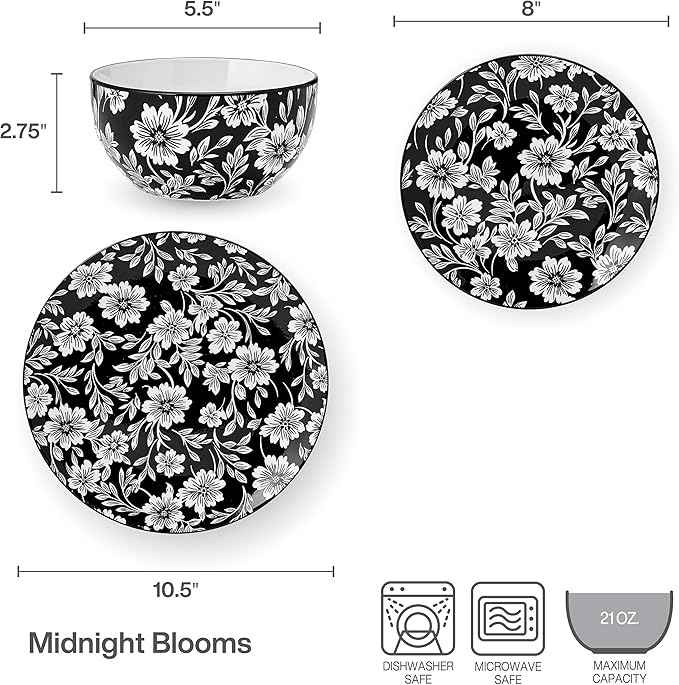 Pfaltzgraff Midnight Blooms 12 Piece Floral Stoneware Dinnerware Plate Bowl Dish Set, Service for 4, Black